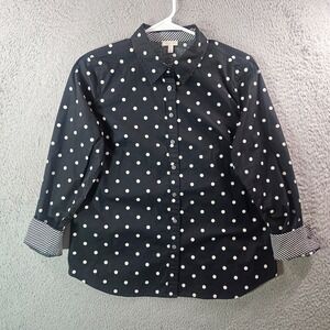 Talbots Shirt Top Women Small Petite‎ Flip Cuff Polka Dot Black